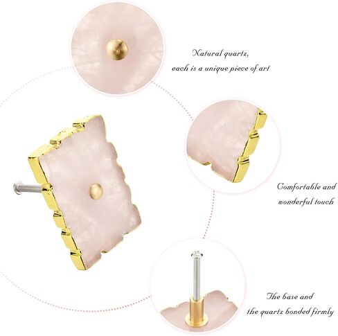 Set of 4 Rose Quartz Crystal Drawer Knobs Pink Square Decorative Drawer Pulls with Gold Plated Edge for Dresser Nursery Cupboard Cabinet in Saudi Arabia