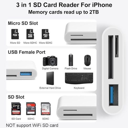 SD Card Reader for iPhone, Memory Card Reader with USB Camera Adapter Supports SD and TF Card,SD Card Adapter Trail Camera Viewer for iPhone iPad,Plug and Play in Saudi Arabia