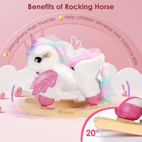 حصان هزاز للأطفال من Rengue Unicorn، حصان هزاز للأطفال الصغار باللون الوردي مع حزام أمان للمقعد بقاعدة خشبية لمدة من 6 أشهر إلى 3 سنوات in Kuwait
