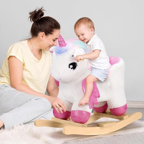 حصان هزاز للأطفال من Rengue Unicorn، حصان هزاز للأطفال الصغار باللون الوردي مع حزام أمان للمقعد بقاعدة خشبية لمدة من 6 أشهر إلى 3 سنوات in Kuwait