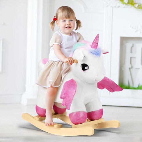 حصان هزاز للأطفال من Rengue Unicorn، حصان هزاز للأطفال الصغار باللون الوردي مع حزام أمان للمقعد بقاعدة خشبية لمدة من 6 أشهر إلى 3 سنوات in Kuwait