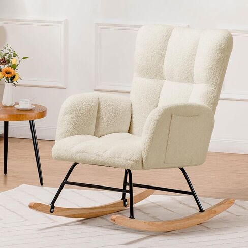 COMHOMA Nursery Rocking Chair, Teddy Upholstered Glider Rocking Chair with Side Pockets, Accent Chair with High Backrest Reading Chair for Adult, Nursery, Bedroom, Living Room,Offices (Beige) in Saudi Arabia