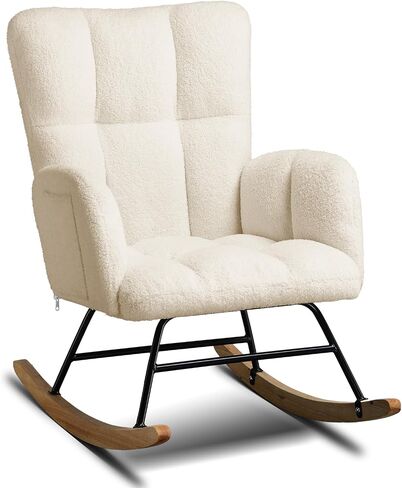 COMHOMA Nursery Rocking Chair, Teddy Upholstered Glider Rocking Chair with Side Pockets, Accent Chair with High Backrest Reading Chair for Adult, Nursery, Bedroom, Living Room,Offices (Beige) in Saudi Arabia