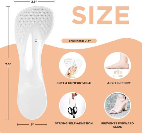 3/4 High Heel Cushion Insoles, Self-adhesive Arch Support Inserts for Flat Feet and Arch Pain Relief, Gel Shoe Inserts for Sandal, Flats and High Heels (2 Pairs, Transparent, Women's 5-9) in Saudi Arabia