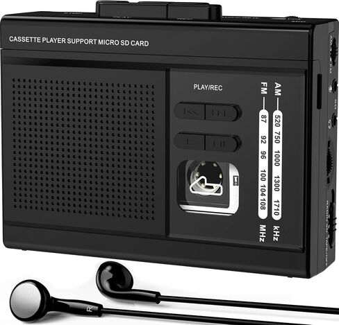 Walkman Cassette Player Recorder Converter, AM FM Radio with Speaker&Built-in Microphone, Portable Cassette Tape Converter Support External Microphone, 3.5mm Headphone(Black) in Saudi Arabia