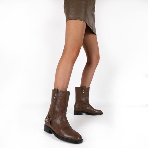 Mettesally Women Mid Calf Boots Chunky Low Heel Ankle Boots Riding Motorcycle Fall Boots 1.4 Inch in Kuwait