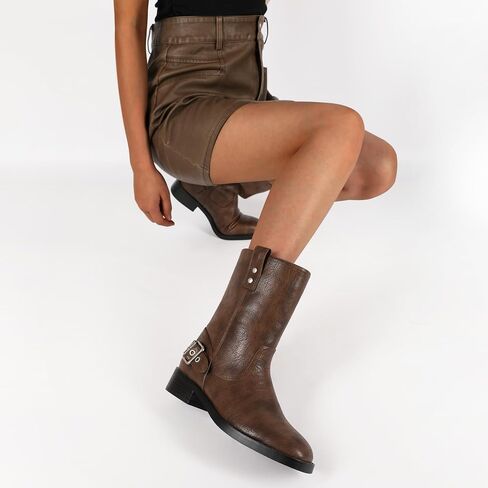Mettesally Women Mid Calf Boots Chunky Low Heel Ankle Boots Riding Motorcycle Fall Boots 1.4 Inch in Kuwait