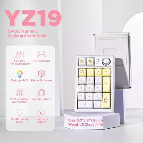 YUNZII YZ19 لوحة أرقام ميكانيكية لاسلكية، 19 مفتاحًا لوحة مفاتيح رقمية مع مقبض، أغطية مفاتيح RGB Gasket PBT قابلة للتبديل السريع، لوحة مفاتيح أرقام للفوز/Mac/الألعاب (مفتاح Gateron الأصفر، نعناع) in Kuwait