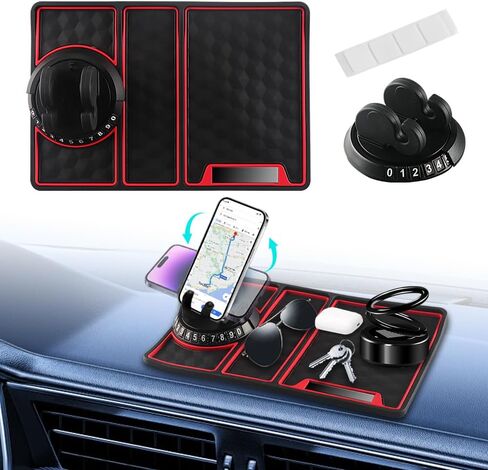 Car Anti Slip Mat Dashboard Tray Decorations Sticky Pad 4 in 1 Multi Functional with 360° Rotating Universal Phone Pad Holder+Number Plate, Washable Car Dash Mat(Black&Red) in Saudi Arabia