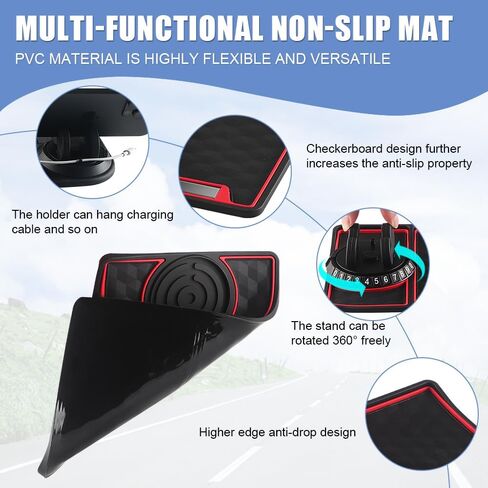 Car Anti Slip Mat Dashboard Tray Decorations Sticky Pad 4 in 1 Multi Functional with 360° Rotating Universal Phone Pad Holder+Number Plate, Washable Car Dash Mat(Black&Red) in Saudi Arabia