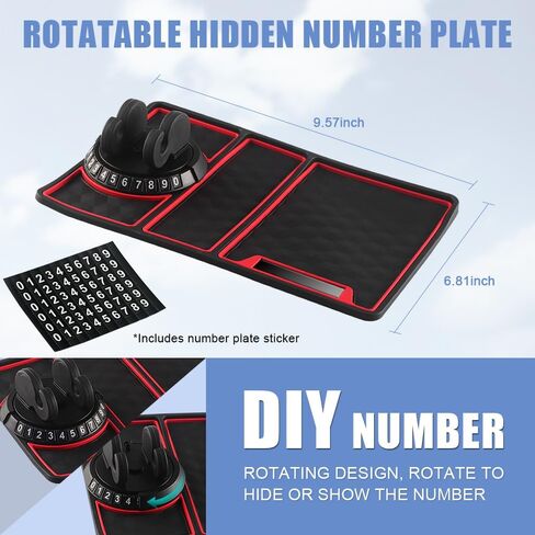 Car Anti Slip Mat Dashboard Tray Decorations Sticky Pad 4 in 1 Multi Functional with 360° Rotating Universal Phone Pad Holder+Number Plate, Washable Car Dash Mat(Black&Red) in Saudi Arabia