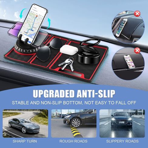 Car Anti Slip Mat Dashboard Tray Decorations Sticky Pad 4 in 1 Multi Functional with 360° Rotating Universal Phone Pad Holder+Number Plate, Washable Car Dash Mat(Black&Red) in Saudi Arabia