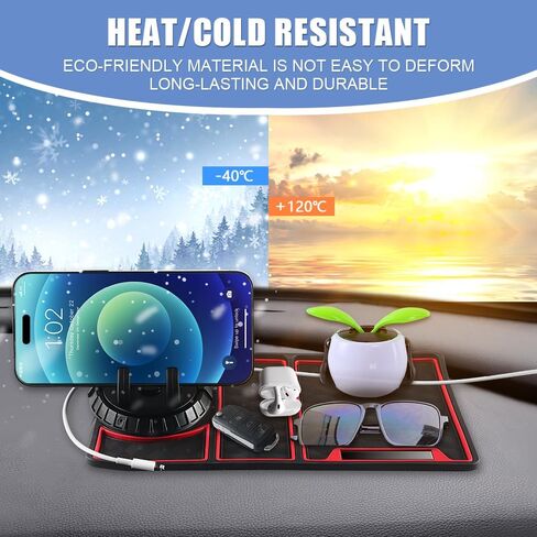 Car Anti Slip Mat Dashboard Tray Decorations Sticky Pad 4 in 1 Multi Functional with 360° Rotating Universal Phone Pad Holder+Number Plate, Washable Car Dash Mat(Black&Red) in Saudi Arabia