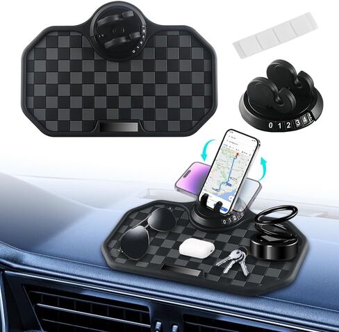 Car Anti Slip Mat Dashboard Tray Decorations Sticky Pad 4 in 1 Multi Functional with 360° Rotating Universal Phone Pad Holder+Number Plate, Washable Car Dash Mat(Black&Red) in Saudi Arabia