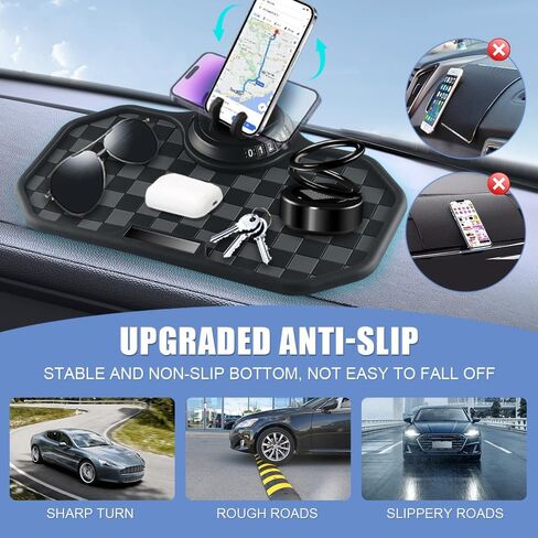 Car Anti Slip Mat Dashboard Tray Decorations Sticky Pad 4 in 1 Multi Functional with 360° Rotating Universal Phone Pad Holder+Number Plate, Washable Car Dash Mat(Black&Red) in Saudi Arabia