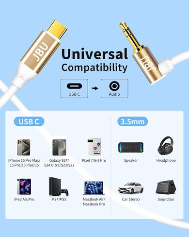 كابل USB C إلى 3.5 ملم صوت Aux جاك [Hi-Fi 4FT] زاوية قائمة من النوع C إلى 3.5 ملم سلك ستيريو للسيارة متوافق مع iPhone 15 Pro Max/15 Plus، Galaxy S23 S24 Ultra iPad Pixel-White in Saudi Arabia