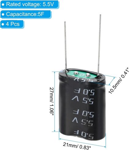 باتيكل 4 قطع 5.5 فولت 5F مكثف فائق، 0.83 × 0.41 × 1.06 بوصة مكثفات ألومنيوم فائقة نوع ملفوف لتخزين الطاقة على اللوحة، أسود in Saudi Arabia