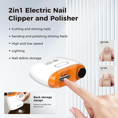 Electric Nail Clipper with LED Light, Safe Protection, Trim & Polish, 2-Speed Levels Portable Nail Trimmer for Baby, Adult, Children, Seniors, Automatic Rechargeable Fingernail Cutter in Saudi Arabia