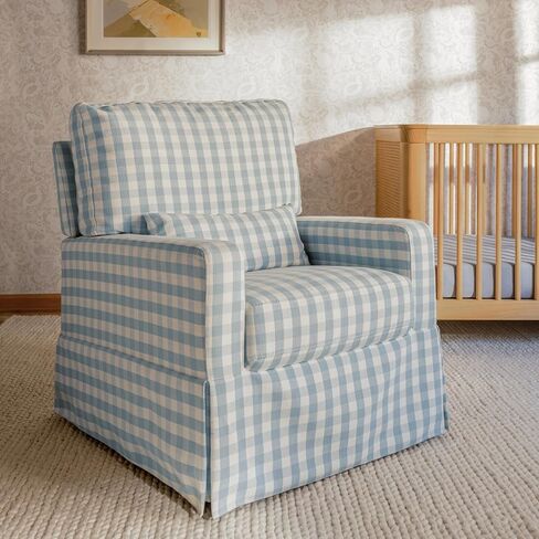 Namesake Crawford Pillowback Comfort Swivel Glider in Blue Gingham, Greenguard Gold & CertiPUR-US Certified in Saudi Arabia