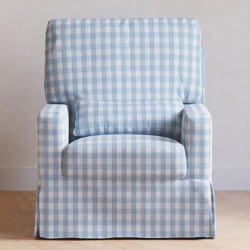 Namesake Crawford Pillowback Comfort Swivel Glider in Blue Gingham, Greenguard Gold & CertiPUR-US Certified in Saudi Arabia
