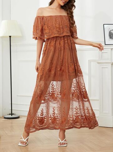 MERMAID'S CLOSET Women's Casual Off Shoulder Lace Maxi Dress Boho White Bridesmaid Wedding Evening Party Dresses in Saudi Arabia