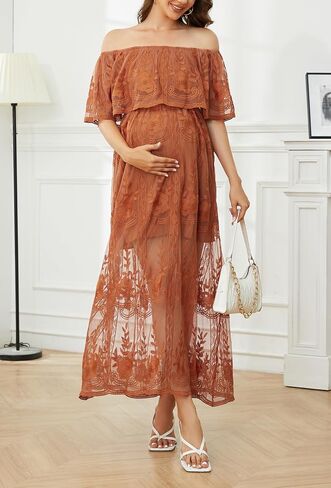 MERMAID'S CLOSET Women's Casual Off Shoulder Lace Maxi Dress Boho White Bridesmaid Wedding Evening Party Dresses in Saudi Arabia