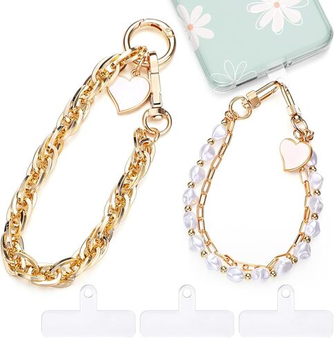 2 Pcs Pearl Beaded Phone Wrist Straps Anti Lost Wrist Lanyard Double Chain Cell Phone Charm with 3 Tether Tab Beaded Wristlet Bracelet for Women Men Phone Wallet Keychain Camera in Saudi Arabia