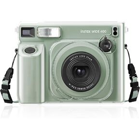 حافظة Fintie الشفافة الواقية لكاميرا Fujifilm Instax Wide 400 الفورية - غطاء صلب كريستالي مع جيب فيلم مطور لتخزين الصور وحزام كتف قوس قزح قابل للإزالة، شفاف