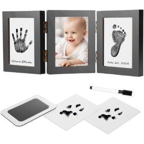 Baby Handprint and Footprint Kit - Inkless Hand and Footprint Maker, Gifts for New Parents, Baby Picture Newborn Keepsake Wooden Frame, New Mom Baby Shower Gifts for Boys & Girls (Black)