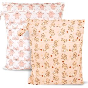 2pcs Travel Waterproof Laundry Bag, Cloth Diaper Wet Dry Bags with Handle & 2 Zipper Pockets, Reusable Washable Dirty Clothes Bag for Baby Adult Travelling Hanging, Bathing Beach Pool Daycare