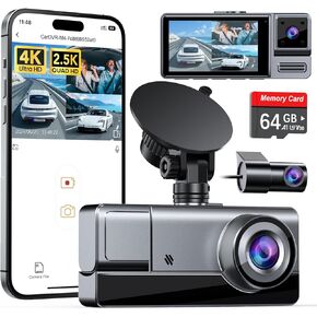 Icesky 3 Channel WiFi Dash Cam with 64GB Card, 4K+1080P Dash Cam Front and Rear, 4K+1080P Front Inside Car Camera, 2.5K+1080P+1080P Three Way Dash Camera for Cars, 24H Parking Mode, 256GB Max Support