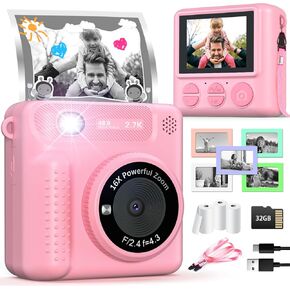 Kids Camera Instant Print, 12MP 1080P Digital Camera for Kids Age 3-12, Christmas Birthday Gifts for 4 5 6 7 8 9 10 Year Old Girls Boys, 32GB Toddler HD Video Camera Print Photos Portable Toy