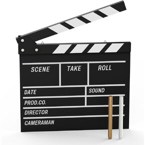 Movie Film Clapboard Hollywood Wooden-Clapper Board Directors Photography Studio Video TV Clapper Board with Erasable Pen Movie Theater Props Decor，Black Clap Board 10.5 X 11.7 inches (Black)