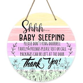 Deroro Shhh Baby Sleeping Watercolor Front Door Sign, Please Don't Ring Doorbell Wood Door Hanger Outdoor Outside Porch Baby Room Decor, Wooden Wreath Indoor Wall Hanging Decoration