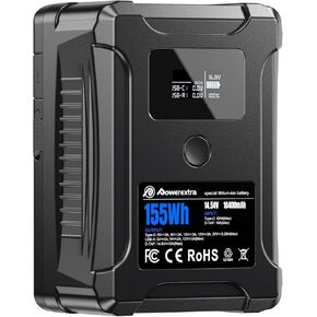 Powerextra V Mount Battery 155Wh 10400mAh V Lock Battery with PD 65W USB-C Fast Charging with D-TAP, USB-A and Dual DC Port,OLED Screen,for Cameras, Camcorders, Video Lights, Monitors