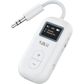 1Mii Airplane Bluetooth 5.3 Transmitter Adapter w/Screen for AirPods or Wireless Headphones, aptX HD/LL Wireless Bluetooth 3.5mm Aux Audio Transmitter for Flight/TV/Treadmill/MP3 Player (Upgraded)