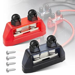 RED WOLF 5/16" M8 Dual Stud Bus Bar 12-48V Power Distribution Block Holder 100A DC MAX, Battery Terminal Junction Dual Power Stud Busbar for Auto Car Marine Boat Red & Black Set w/Screws