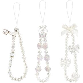 KALIONE 3 Pcs Pearl Beaded Phone Charm Lanyard Strap Butterfly Bow Flower Phone Charms Strap, Cute Phone Charms Aesthetic Pearl Beaded Strap Phone Chain