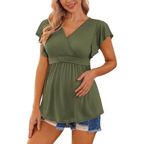 Ekouaer Maternity Shirts Flying Short Sleeve Nursing Tops V Neck Breastfeeding Tees Casual Pregnancy Clothes