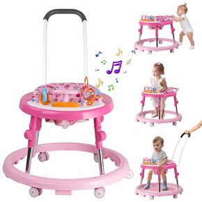 Baby Walker, Activity Center with Feeding Tray & Music, 9-Gear Height Adjustable Foldable Baby Walker for Boys and Girls from 6-18 Months with Push Handle, Footrest, Mute Wheels Anti-Rollover