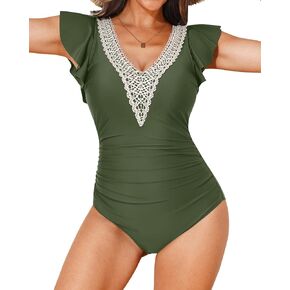 Aqua Eve One Piece Tummy Control Swimsuits - Women Bathing Suit with Ruffle Sleeves Slimming Swimwear
