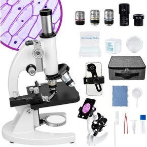 Microscope for Kids, 100X-2000X All-Metal Profesional Microscope for Adults with Microscope Slides and Specimen Preparation Kit, Compound Monocular Microscope for Lab School Home Education, White