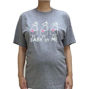 Maternity T-Shirt Short Sleeve Crewneck Cute Mom Pink Heart Gray Cotton100% Made in Japan Pregnancy Announcement
