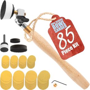Bowl Sander Tool Kit w/Dual Bearing Head & Hardwood Handle, 85 Pieces Wood Sander, 1 & 2 Hook & Loop Sanding Disc Sandpaper, 1/4 Mandrel Bowl Sander