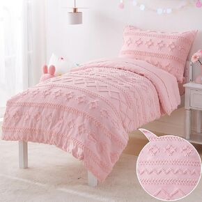 Toddler Bedding Set for Girls 4-Piece Boho Beige Tufted Toddler Comforter Set Jacquard Tufts Bed-in-a-Bag Crib Toddler Bed Sheet Set for Kids with Comforter, Flat Sheet, Fitted Sheet, Pillowcase