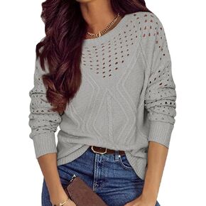 Womens 2024 Fall Sweaters Oversized Crewneck Cable Knit Pullover Crochet Hollow Out Chunky Jumper Casual Tunic Tops