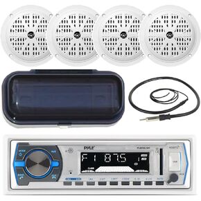 Pyle Single DIN Marine Bluetooth USB/AM/FM Stereo Receiver with Remote Control, 4X 6.5 120 Watt Max 2 Way White Boat Speakers, Cover, Antenna