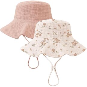 Konssy 2 Pack Muslin Baby Sun Hat UPF 50+ Sun Protection Baby Bucket Hat Summer Beach Hats with Wide Brim for Boys & Girls