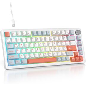 75% Mechanical Keyboard Gasket with Knob, Custom Wired Creamy Gaming Keyboard TKL 75 Percent Hot Swappable RGB Backlit, Pre-lubed Switch for Win/MAC PC Laptop（Salmon/White）
