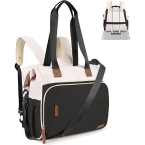 4 in 1 Diaper Bag Backpack, Diaper Bag Backpack for Mom Dad, Travel Diaper Bag Converts into Backpack with Shoulder Strap, Mom Bag for Hospital with 14 Pockets, Large Capacity Baby Bag Black&Beige